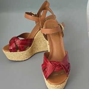 IDORE Cream and Red Open Toe High Heel Wedge Sandals Size 8